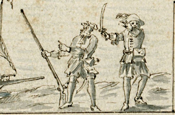 A pair of flibustiers or buccaneers at Petit Goave, 1688, from a chart by P. Cornuau. (Courtesy of the Archives Nationale d’Outre-Mer.)