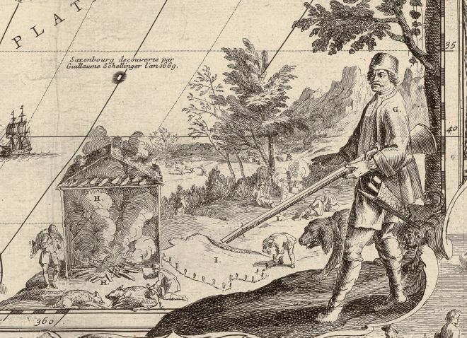 Boucanier depicted in Nicolas De Fer's 1698 map L'Amérique. (Courtesy of the Bibliothèque Nationale de France.)
