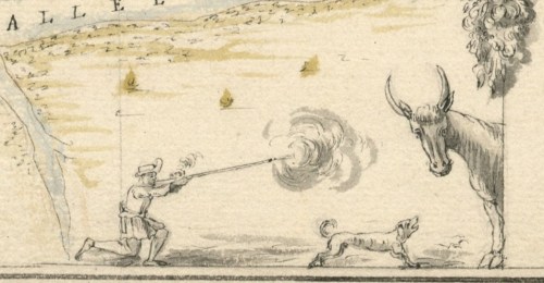 Boucanier firing his fusil boucanier at a wild cow or bull, from a 1685 map of Cap Francois by Cornuau. (Courtesy of the Bibliothèque Nationale de France.)
