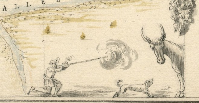 Boucanier firing his fusil boucanier at a wild cow or bull, from a 1685 map of Cap Francois by Cornuau. (Courtesy of the Bibliothèque Nationale de France.)
