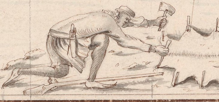 Boucanier staking a hide to dry, from a chart of Léogane by Paul Cornuau, 1685. (Courtesy...