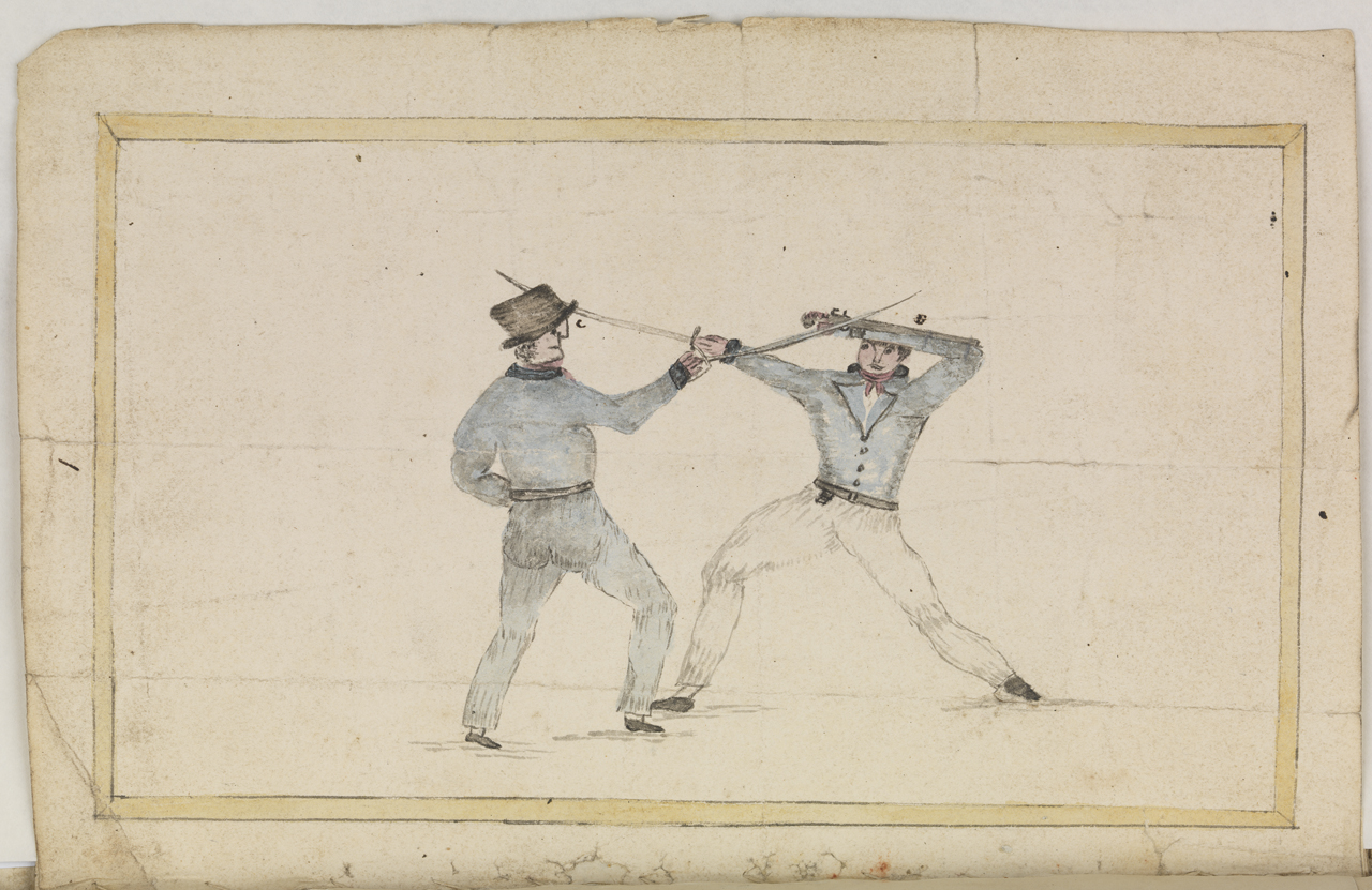 W.P Green papers. Sword fighting, plate 1 opposite page 22.  JOD/48