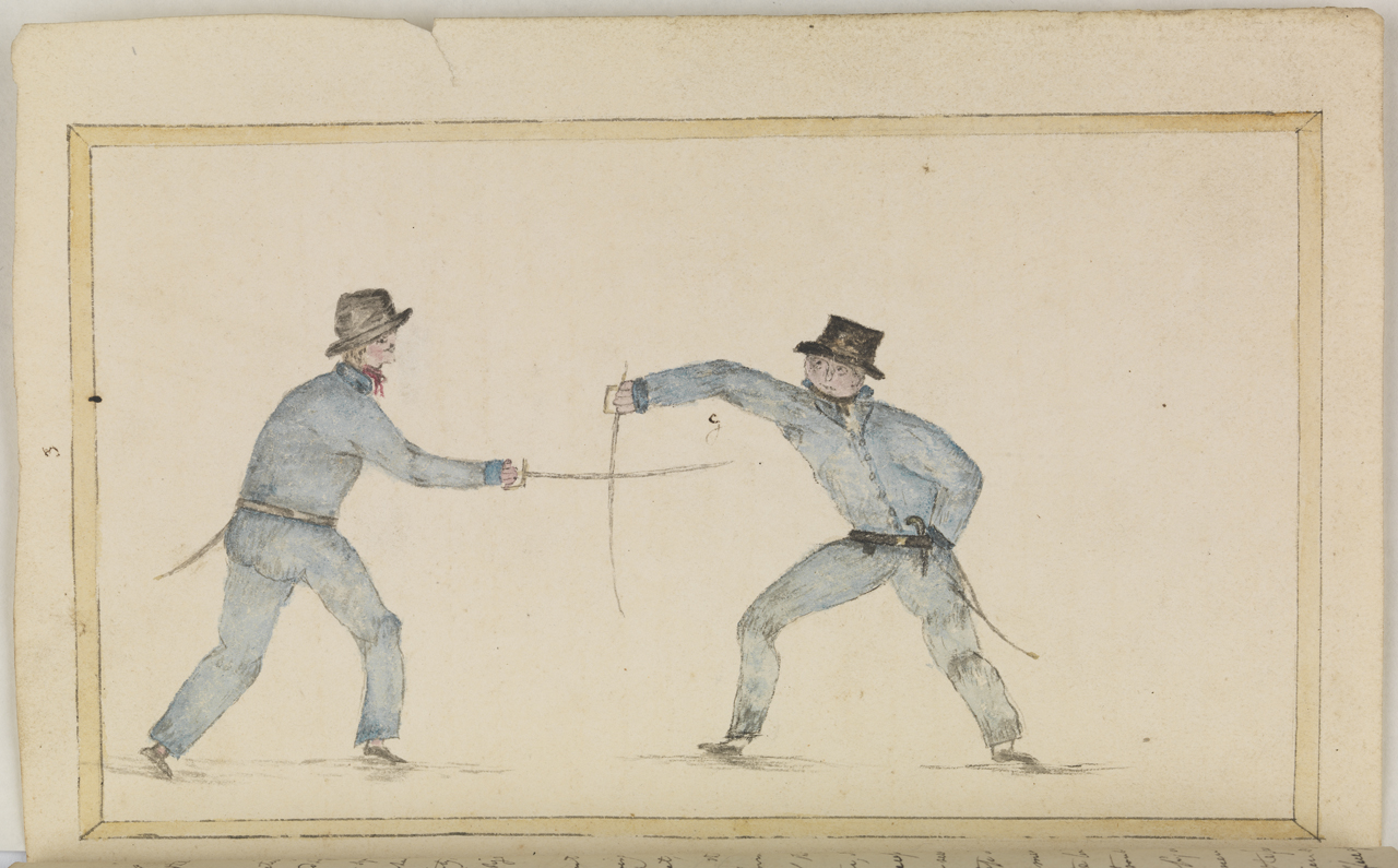 W.P Green papers. Sword fighting, plate 3 opposite page 26.  JOD/48