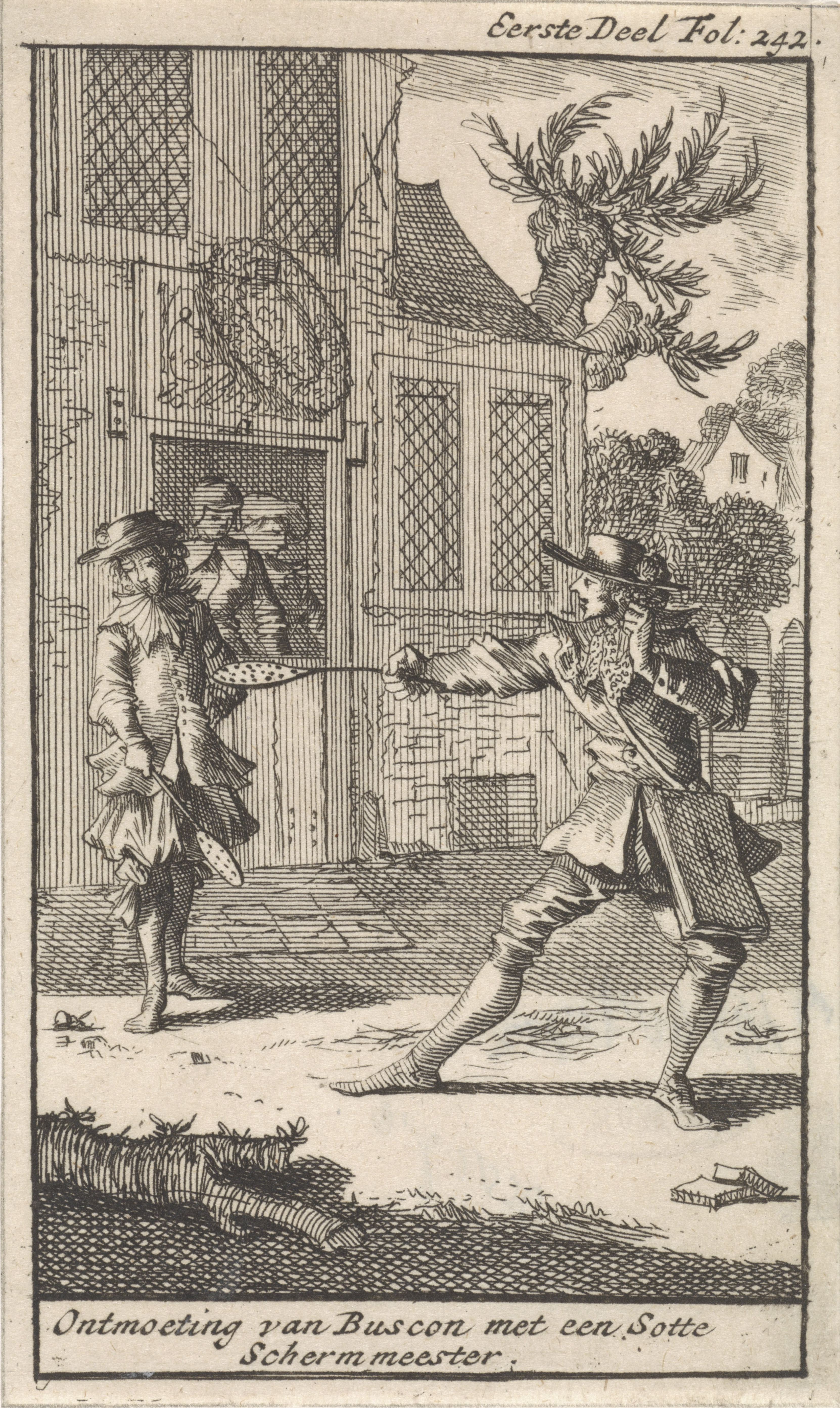 Don Pablo El Buscon ontmoet een schermmeester, Caspar Luyken, Jan Claesz ten Hoorn, 1699