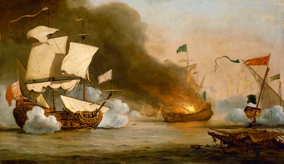 An English ship in action with Barbary Corsairs circa 1680
